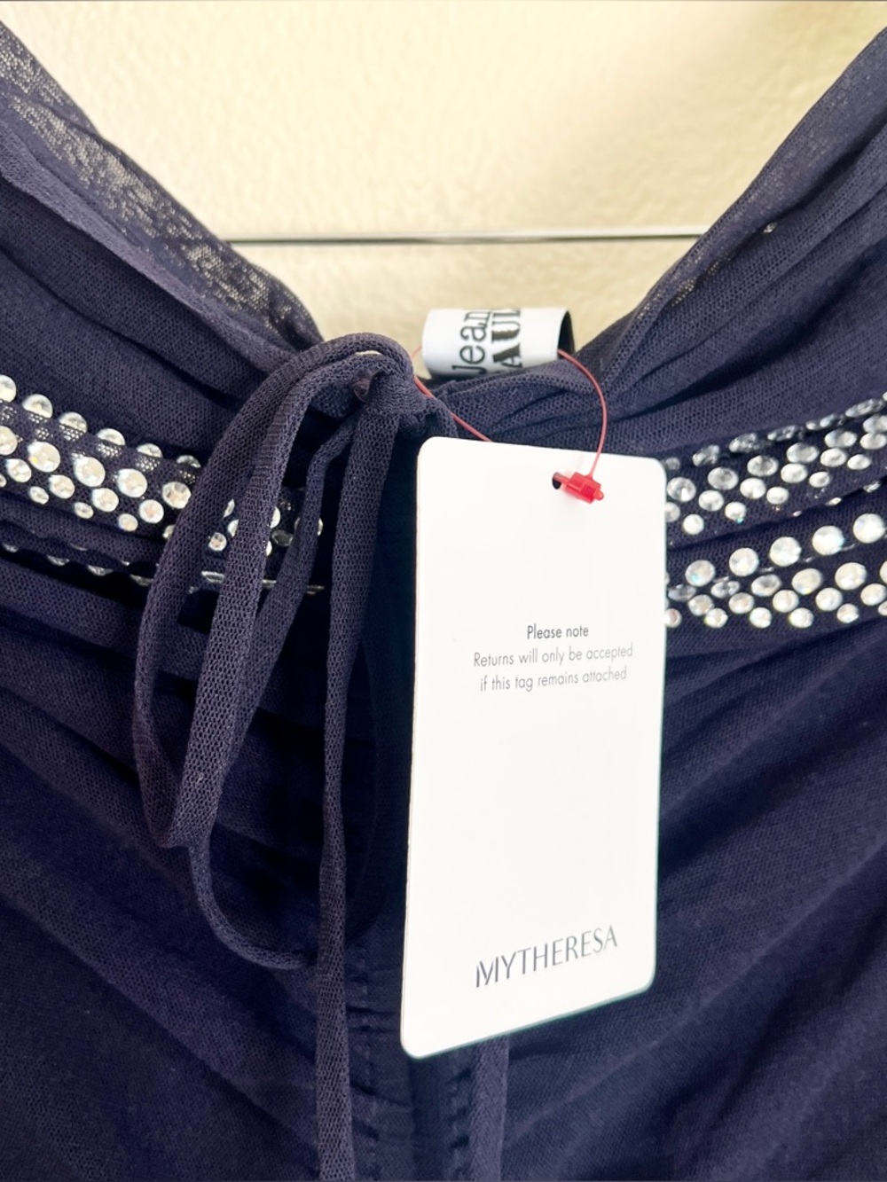 JEAN PAUL GAULTIER Crystal Embellished Mesh Off Shoulder Ruched Dress in Navy - Picture 8 of 13